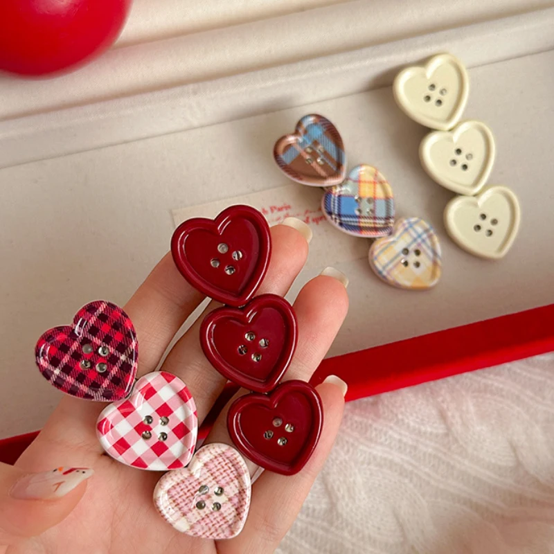 Plaid Heart Button Hair Clip Sweet Women Side Bangs Hairpin Korean Japanese Fashion Duckbill Clips Headdress Hair Accessories