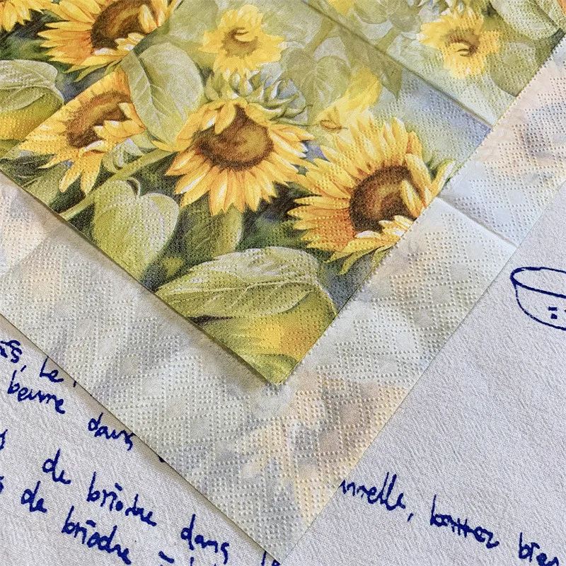 20Pcs/Bag Vintage Sunflower Decoupage Paper Napkins Yellow Floral Paper Tissues for Party Tableware Xmas Supplies 25x25cm