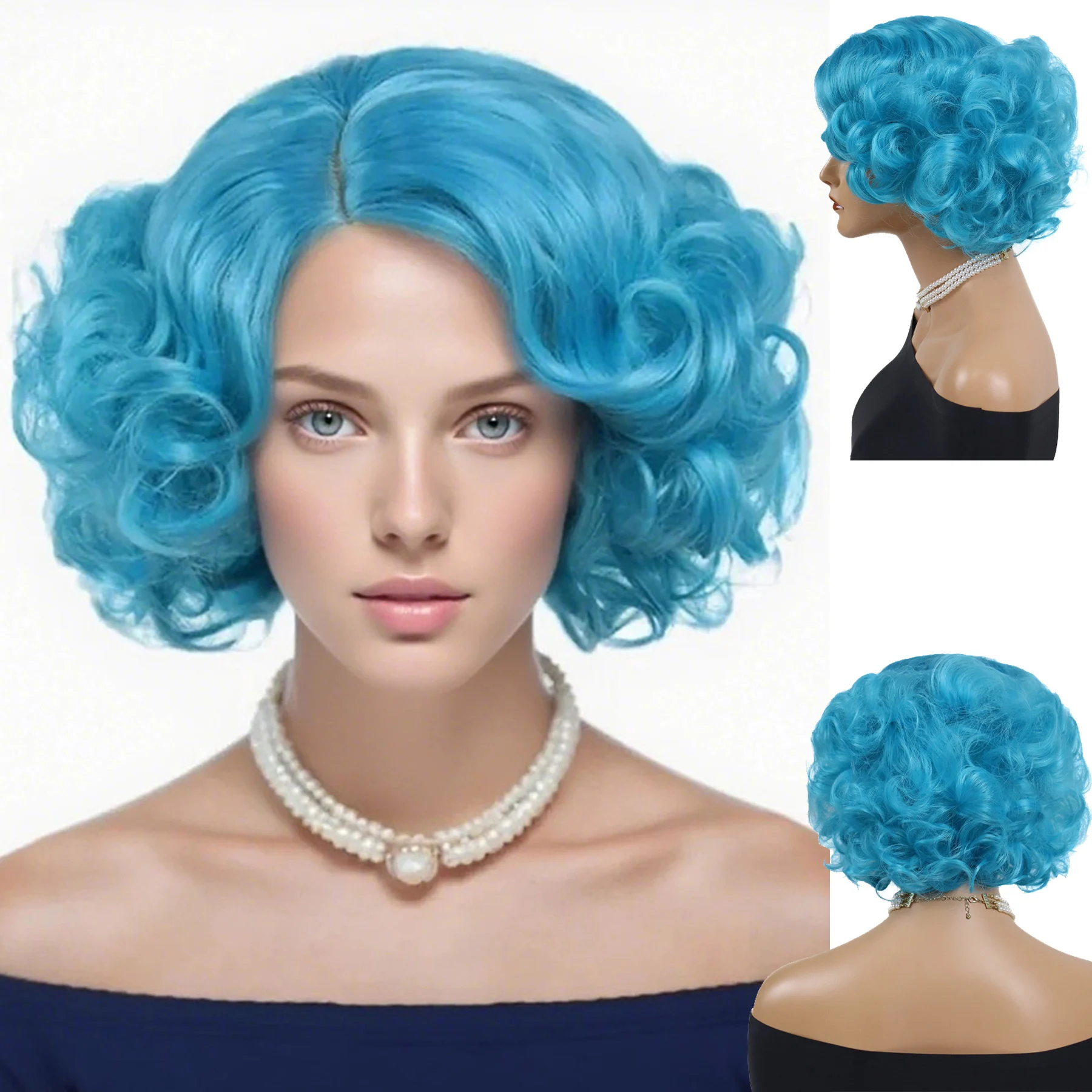 Synthetic Blue Wigs Cosplay Halloween Carnival Short Curly Wig for Women Natural Fluffy Colorful Hair Side Parting Hairstyle