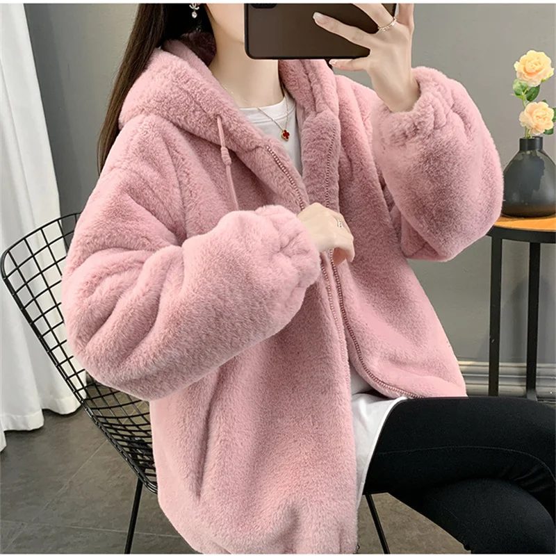 Fashion Winter Women's Imitation Rabbit Hair Fur Coat Short Faux Fur Overcoat Thicken Warm Top Large-size Loose Hooded Outerwear