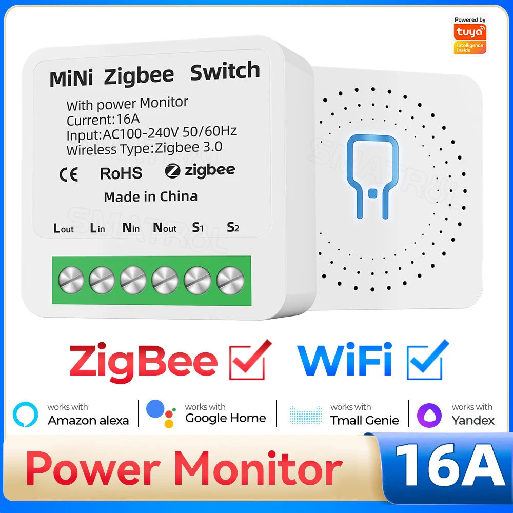 

Tuya Zigbee WiFi 16A 2-way Smart Switch Breaker with Power Monitor Smart Home Voice Control Relay for Yandex Alice Alexa Google