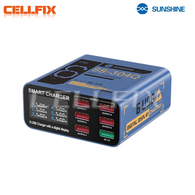 

SUNSHINE SS-304Q 6-Port USB Digital Display Fast Charger QC3.0 Smart Fast Charging for Phones Tablets and Watches
