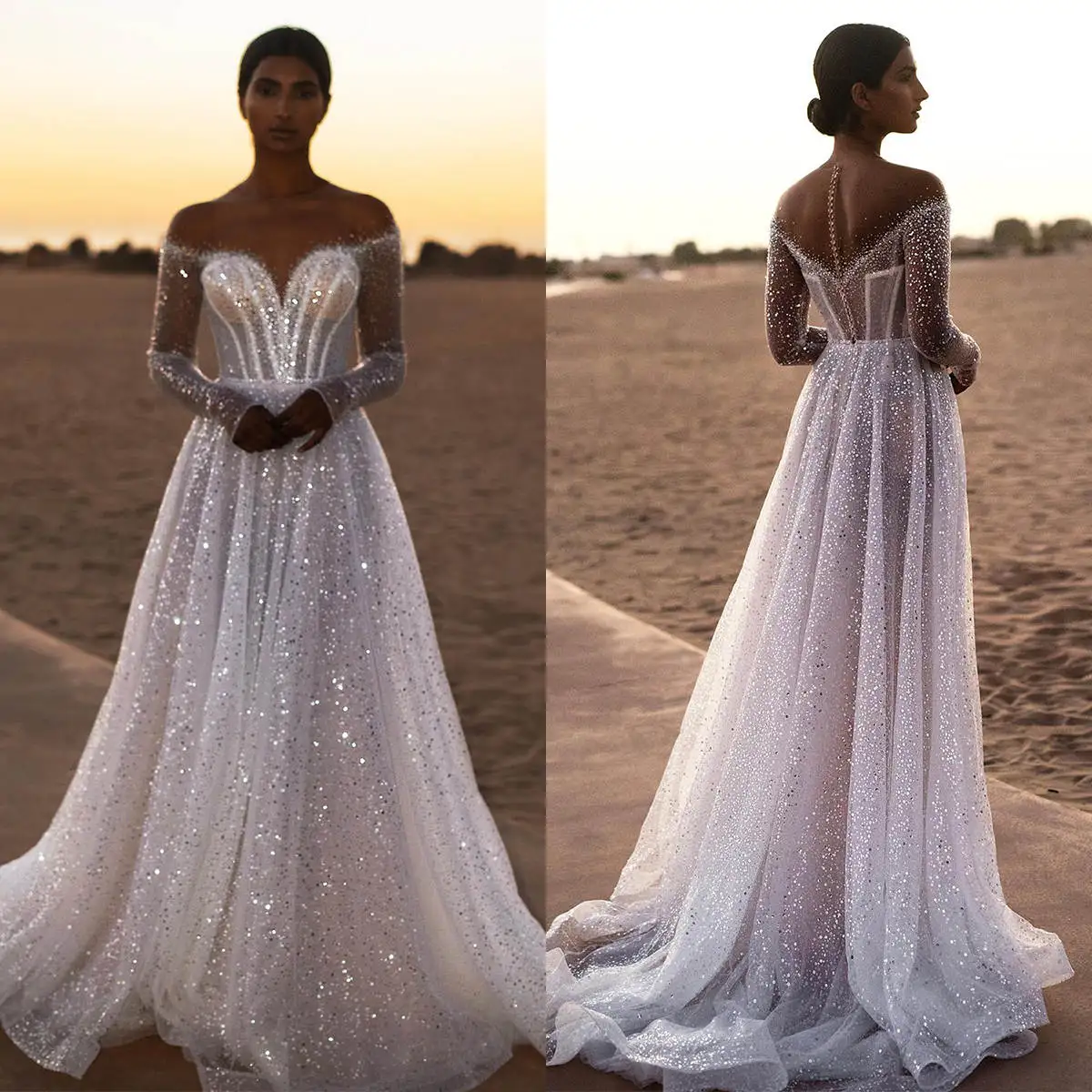 Boho Shiny A Line Wedding Dress Sequined Sheer Neck Long Sleeve Bridal Gowns Sexy Illusion Back Birde Dresses