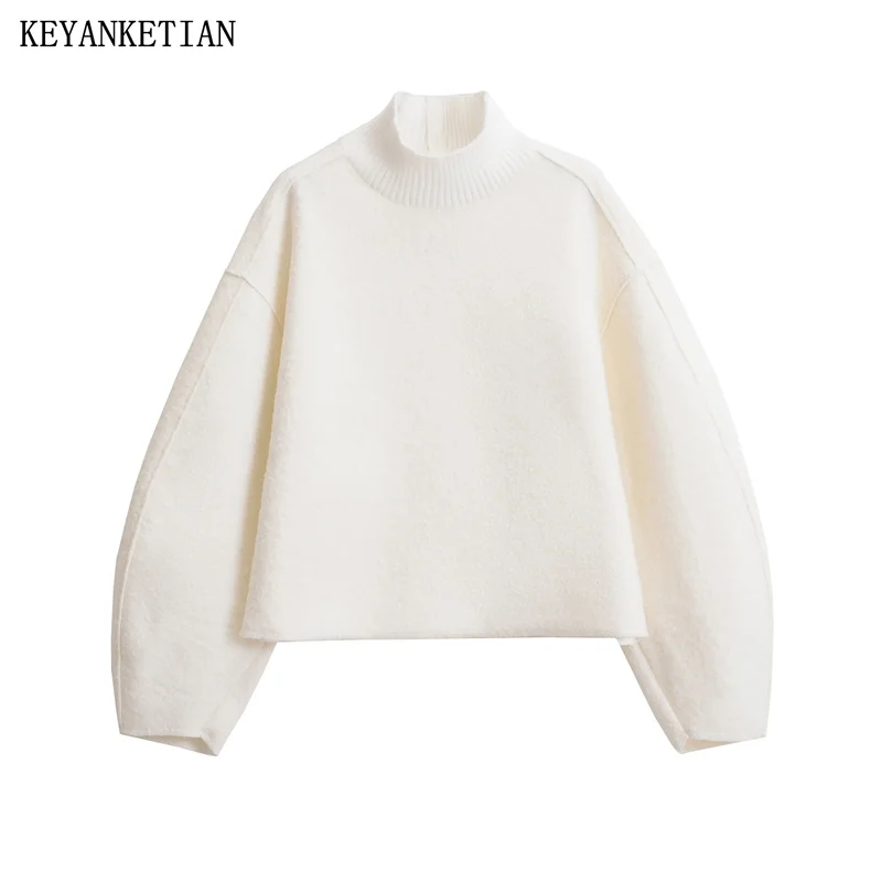 

KEYANKETIAN New Launch Women's Texture Tweed Padded Pullover Sweatshirt High Street Mock Neck Oversize Loose Leisure Crop Top