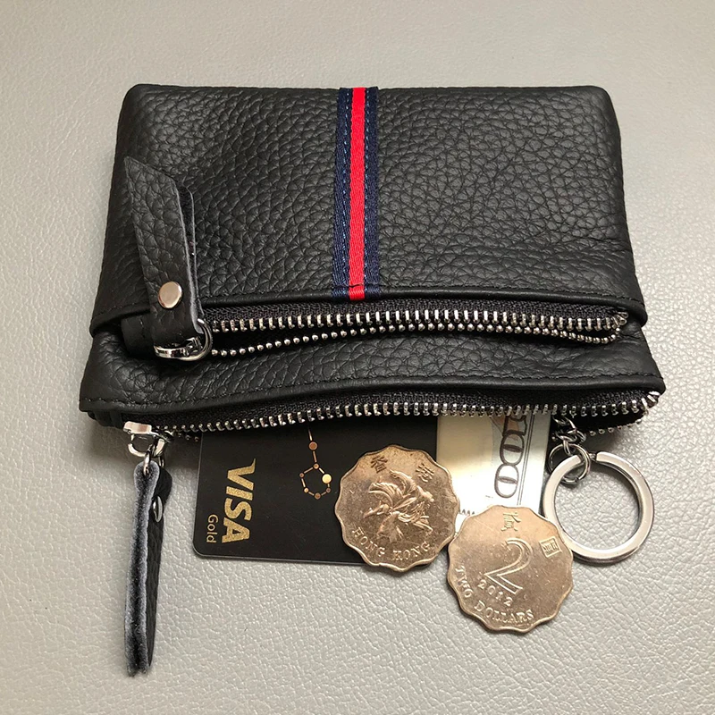 Women Short Small Wallets Card Holder ID Bag Coin Purse Ladies Genuine Leather Female Double Zipper Key Ring Chain Money Bag New