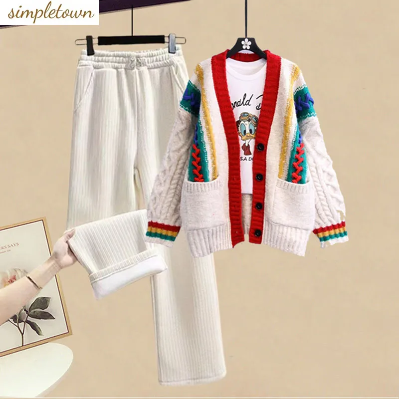 

Large Women's Spring and Autumn Season Set 2023 New Korean Knitted Cardigan Sweater Casual Wide Leg Pants Two-piece Set