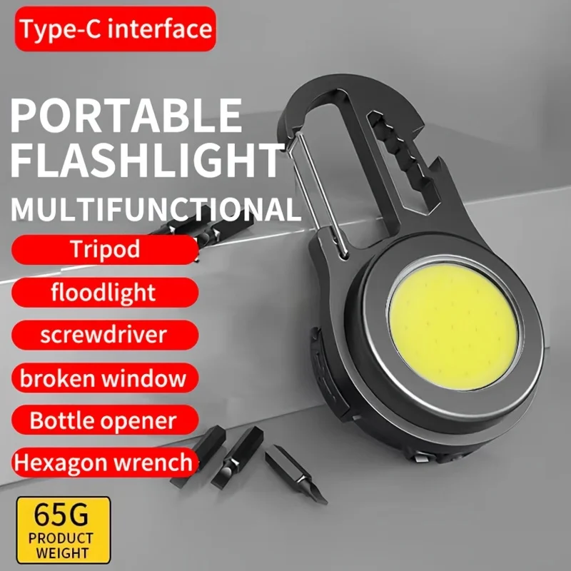 1PC New Portable Mini Led Keychain Flashlight With 500mah Large Capacity Battery Type-C Rechargeable Super Bright Camping Light