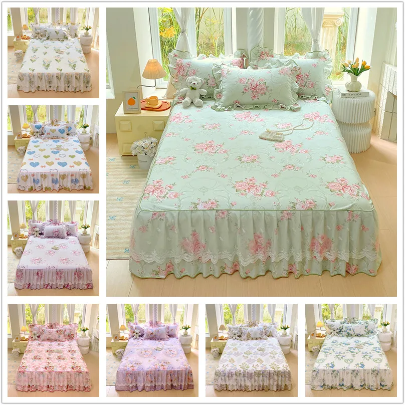 1pc Skin-friendly Bed Skirt Floral Style Bedspread Ruffles Bed Cover Single/Queen/King Size Mattress Protector (No Pillowcase)