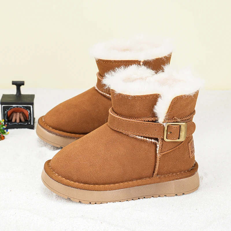 

2025 children's snow boots buckle fashionable thick fur solid color children's short boots ankle casual warm cotton shoes