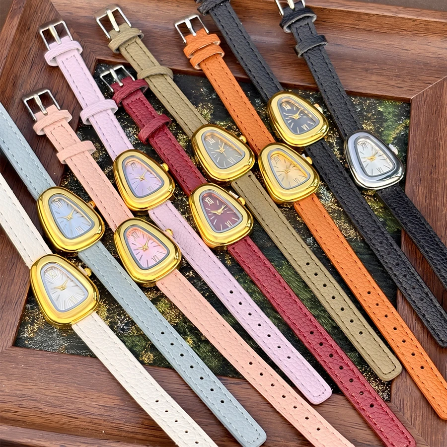 Vintage Watch for Ladies: Triangular Dial  Leather Strap Classic Retro Gold Women's Wrist Watch