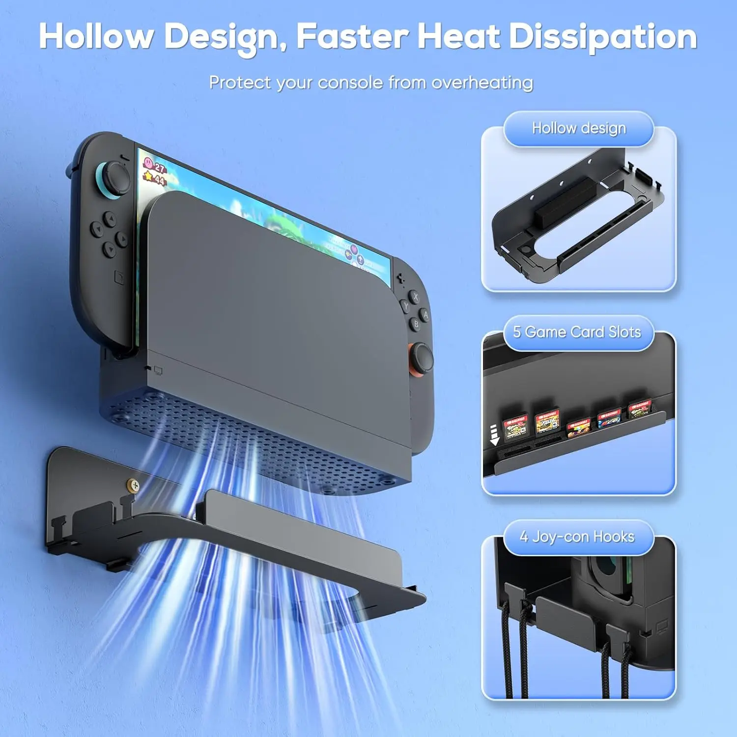 nintendo-switch-2本体用メタル壁掛け金具、壁掛けキット棚アクセサリー、ゲームカードホルダー5個とjoy-conブラケット4個付き