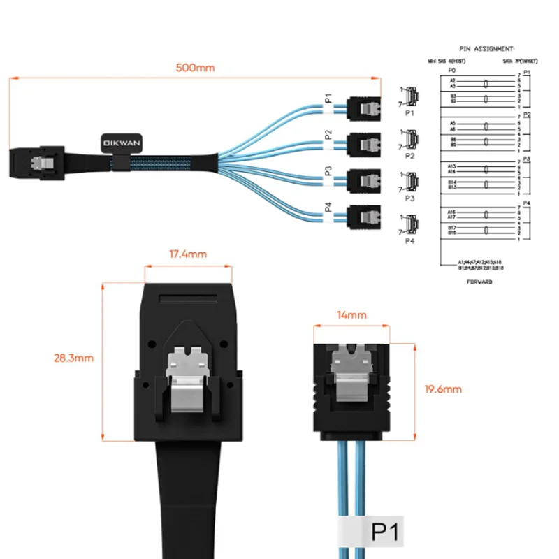 Mini SAS to 4 SATA Cable, 36 Pin SFF 8087 Host/Controller to 7 Pin SATA Target/Backplane, Compatible with PERC H310,