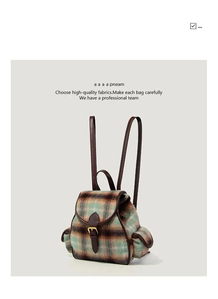 Women\'s White Green Plaid Gingham Shoulder Bag Suede College Style Retro Backpack Female College Students Commute Simple Large C