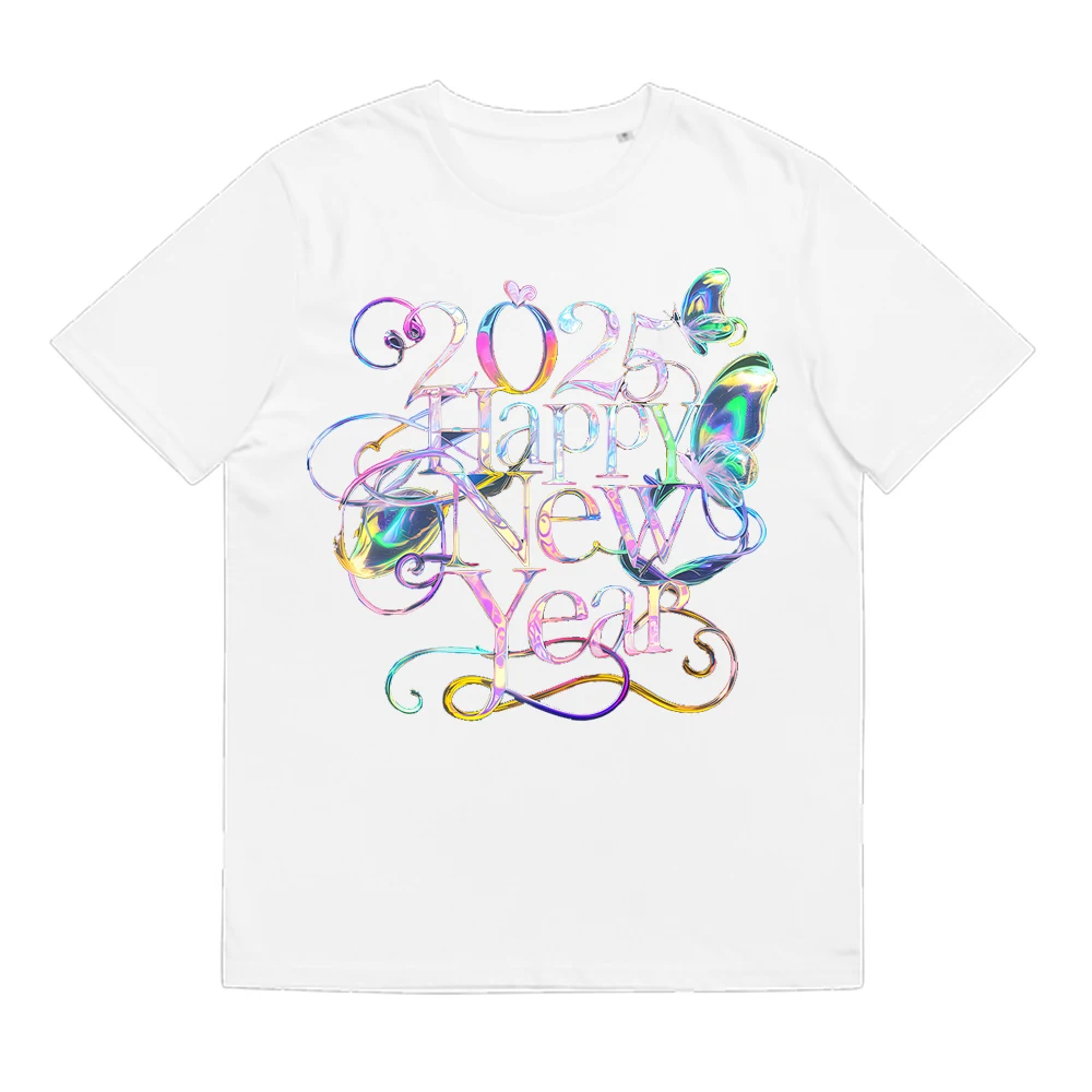 2025 New Tees Happy New Year 3D Printing Graphic T-shirt 100% Cotton Short-sleeved T Unisex Casual Tops Kids New Year Gifts
