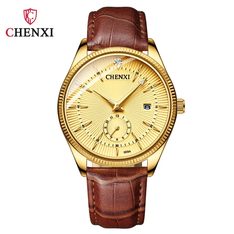 CHENXI 069A Reloj de cuarzo a la moda para hombre, elegante reloj de pulsera dorado, calendario luminoso, correa de cuero resistente al agua, relojes de negocios para hombres