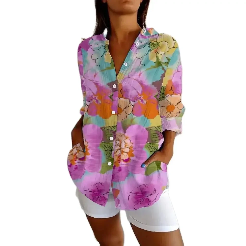 Women'S Y2K Graphic V-Neck Lapel Flower Print Shirt With Buttons Hot Selling 2024 Summer Tops Long Sleeved Commut Leisure Style