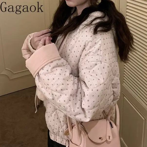 

Gagaok Parkas Jacket Winter Coat Women Pink Floral Double-sided Warm Jackets Outwear Sweet Kawaii Clothes Long Sleeve Top