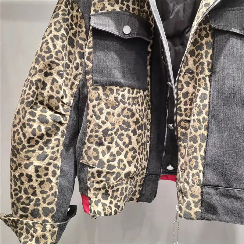 WTHT Trendy Women\'s Leopard Spliced Denim Motorcycle Jacket 2024 Autumn Fashion Cotton Liner Long Sleeves Coat Female 1LS121