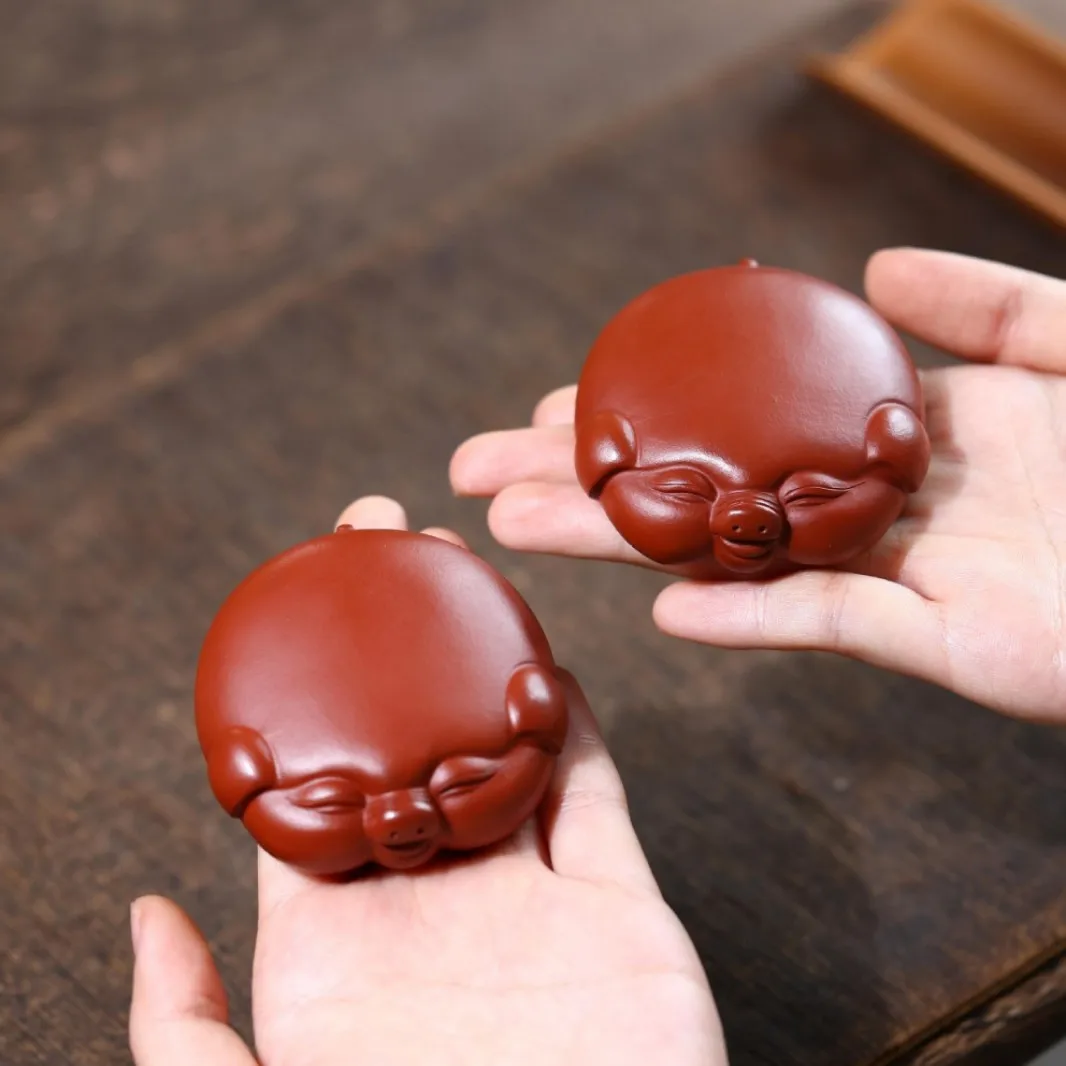 Purple Clay Zhuni Pet Lucky Ornament, Handmade Zodiac Fortune Pig Sculpture, Set, Tea Table Tray, Fortune-Bringing Decoration