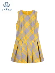 Elegant Fashion Sexy A-Line Dress Summer 2024 Women O-Neck Plaid One-Piece Yellow Sleeveless Pleated Frocks Y2K Cute Korean Tide