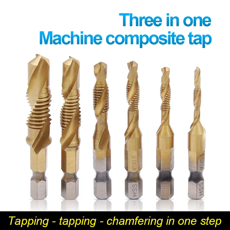 Hexagonal Shank Titanium Alloy Drill Bit Tap Set, Metric Thread M3-M10 Self Tapping Drill Bit Tool Shank Three in One Set