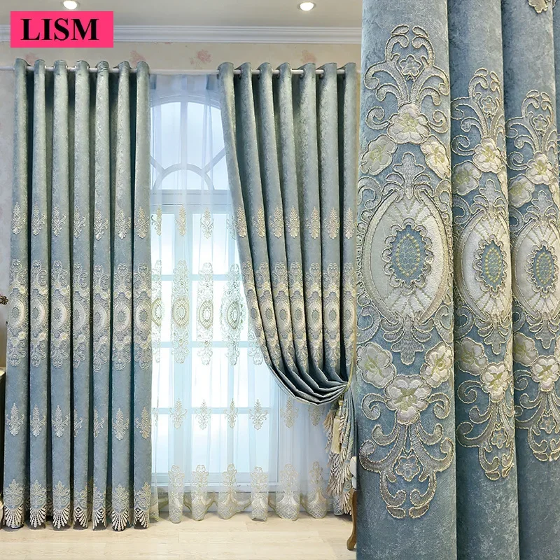 European Chenille Embroidered Curtains for Living Room Bedroom Window Blackout Luxury Custom Blue Gauze Decor Tulle Lace Fabric