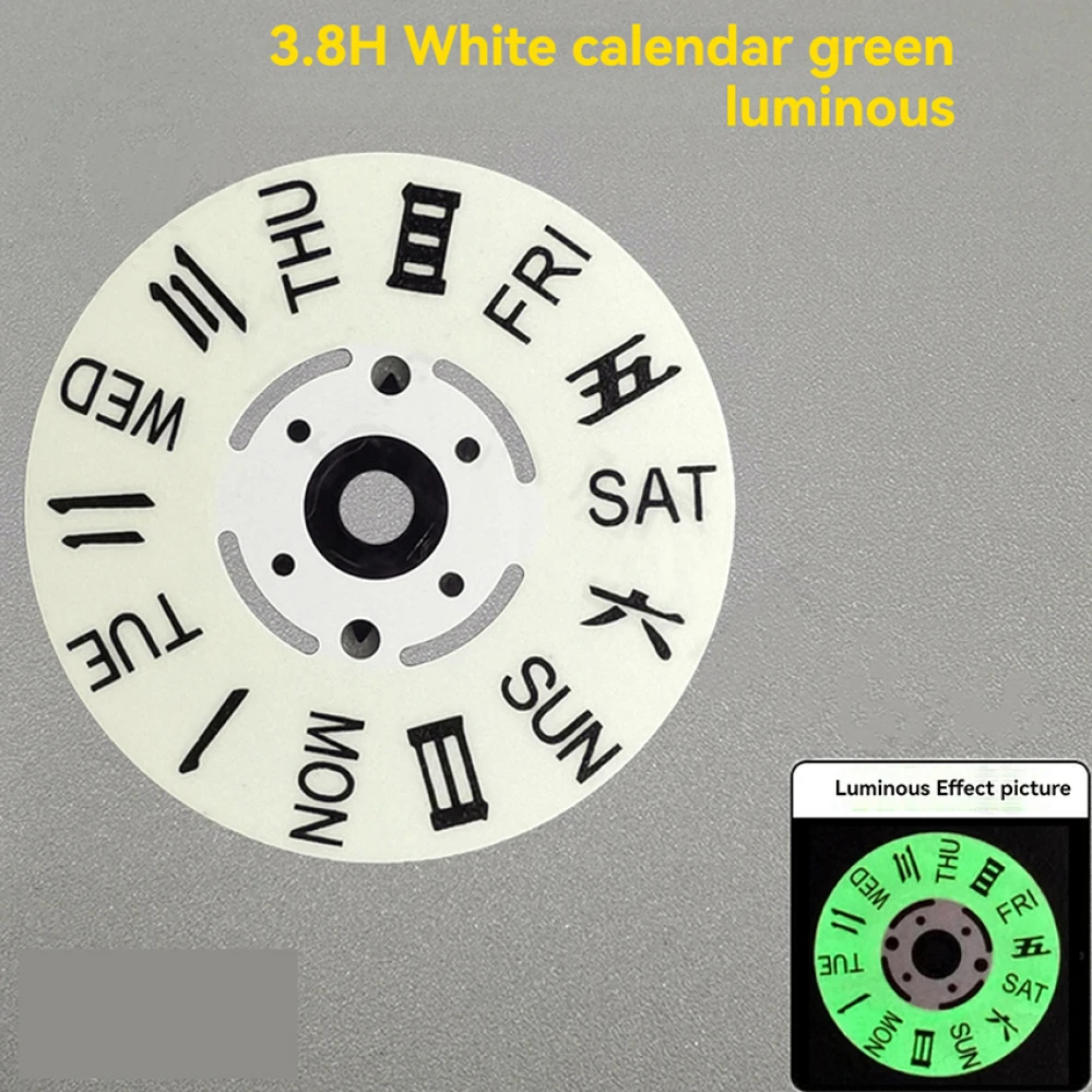 1 pz Blu/Verde Luminoso Settimana Giapponese Dail Sostituzione Nero Bianco Quadrante Orologio Calendario @3/3.8O'clock per Movimento NH36A/NH36
