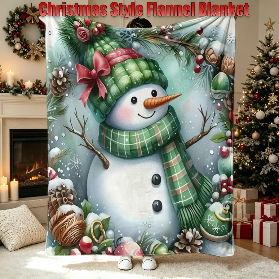 Christmas Adorable Snowman Poinsettia Wreath Flannel Throw Blanket, 2D Flat Single-Sided Printed Holiday Decorative Blanket