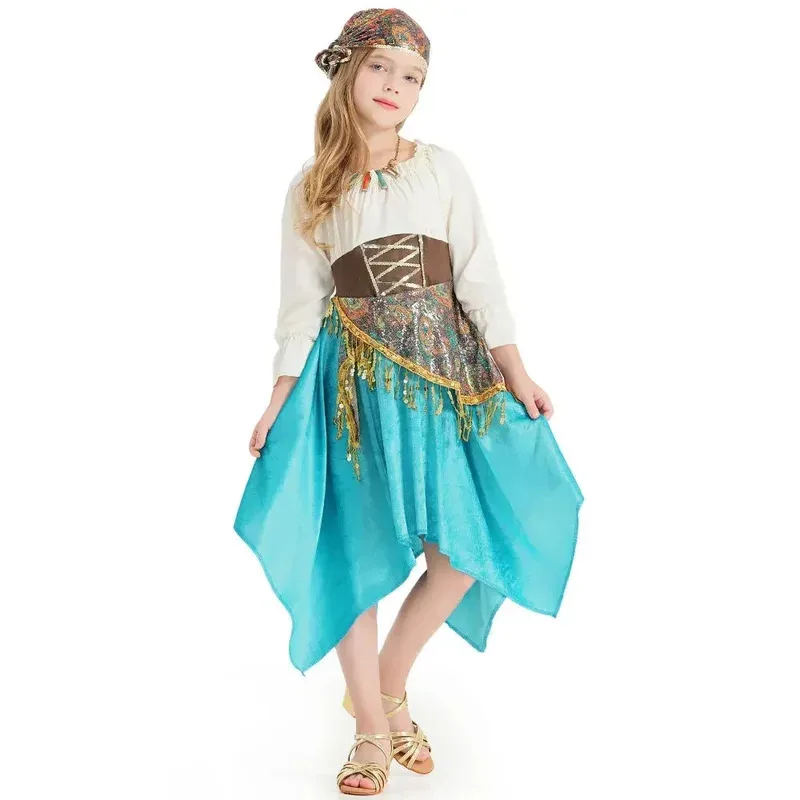 Costumi cosplay di abiti con paillettes bohémien vestito da ballo Menco svasato a maniche lunghe irregolare azzurro cielo