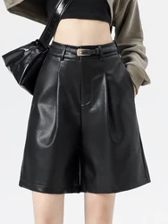 Belt Women PU Pants Autumn Winter High Waist Wide Leg Bermuda Shorts Pocket PU Shorts