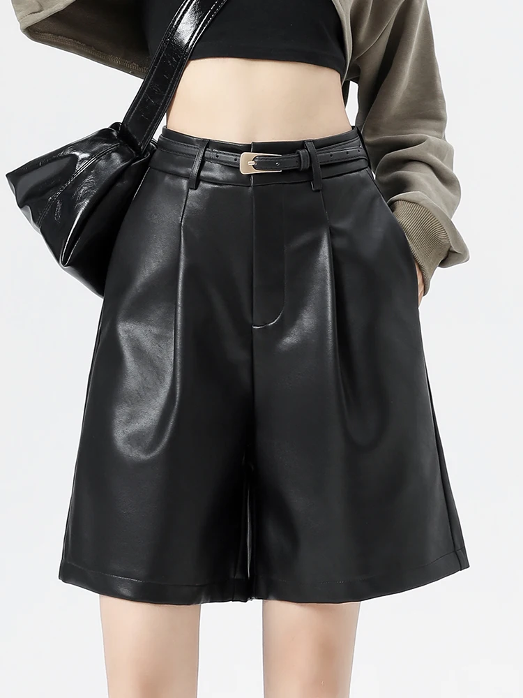 with Belt Faux Leather PU Shorts Women Fall Winter High Waist Wide Leg Bermuda Shorts Solid Color Pocket Zipper PU Shorts Girlsy