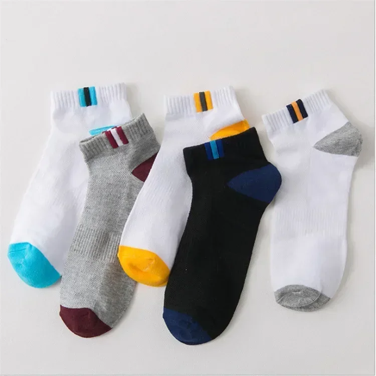 

5 Pairs Mens White Bottom Colorful Ring Short Socks With Breathable Mesh and Sweat Wicking Low Tube Boat Socks