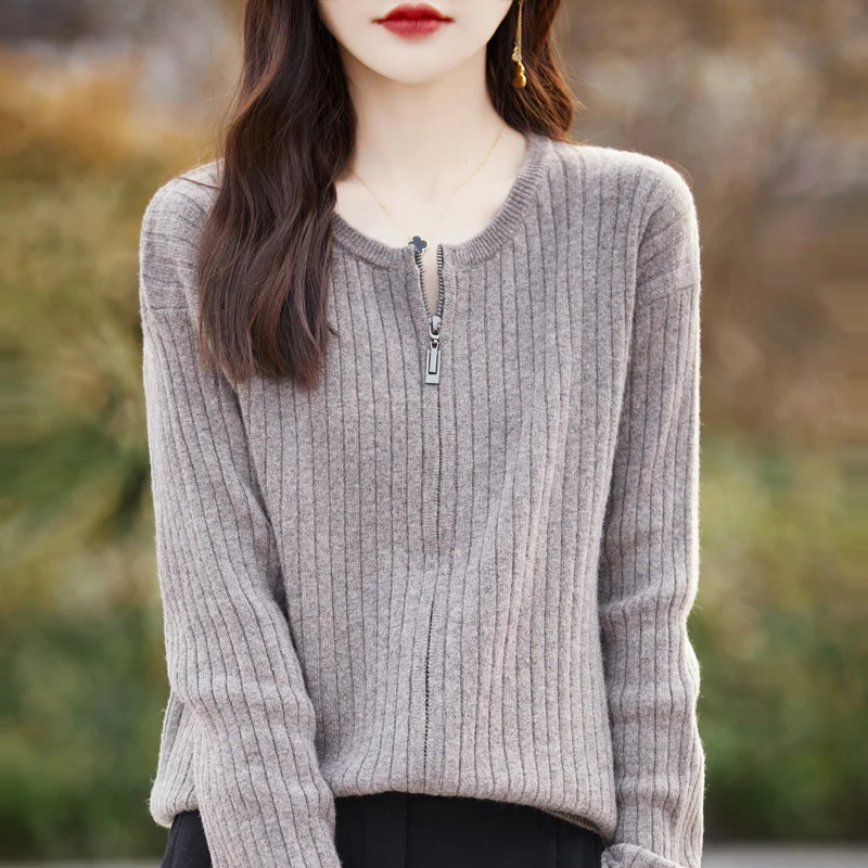 Women's O-neck autumn and winter new 100% wool cashmere cardigan women's knitted sweater loose and fashionable soft top