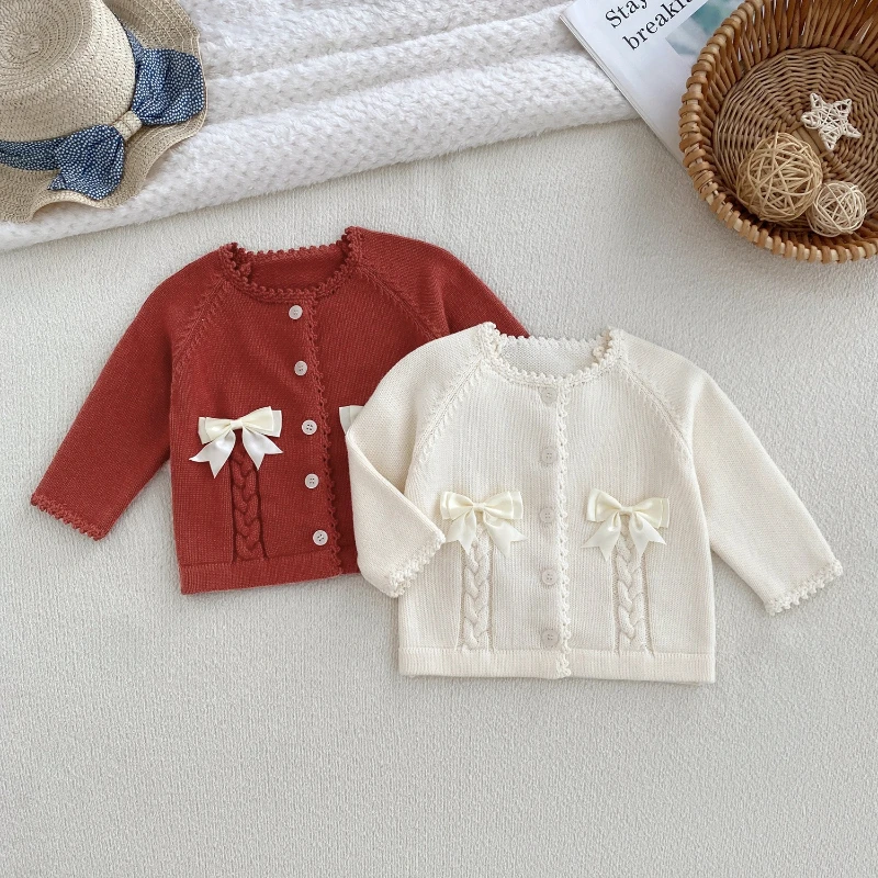 2026 New Winter Knitted Children's Fried Dough Twists Bowknot Decoration Cute Solid Sweater