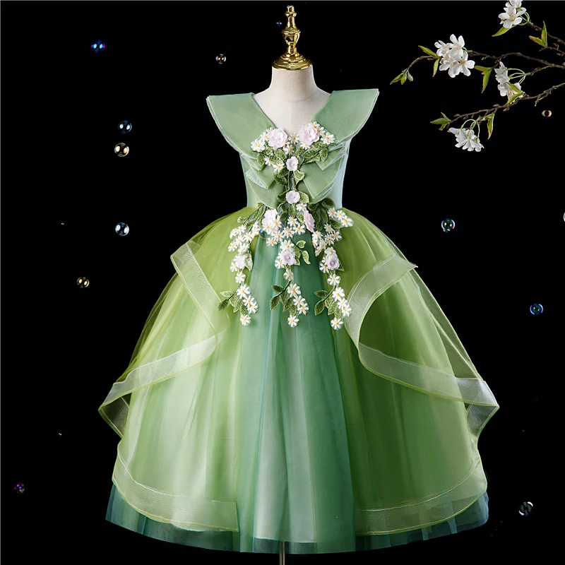 

Exquisite Appliques Green Fairy Flower Girl Dresses Cute Puffy Birthday Dress Child Wedding Party Princess Ball Gown