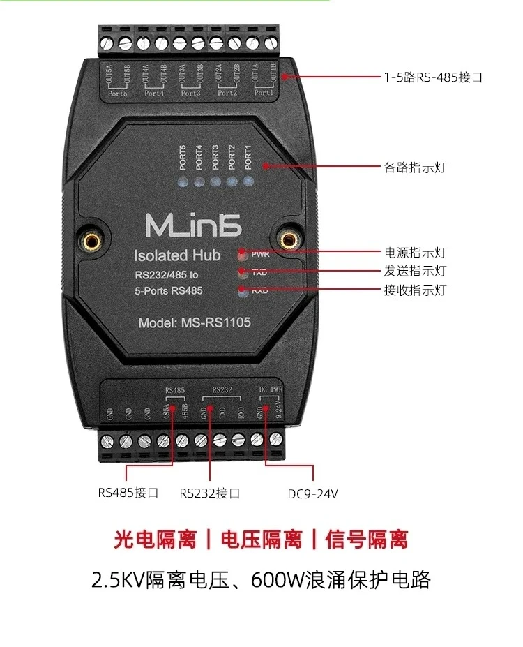Repeaters, communication, optoelectronic isolation, lightning protection, RS232 HUB, shared splitter, RS485 hub