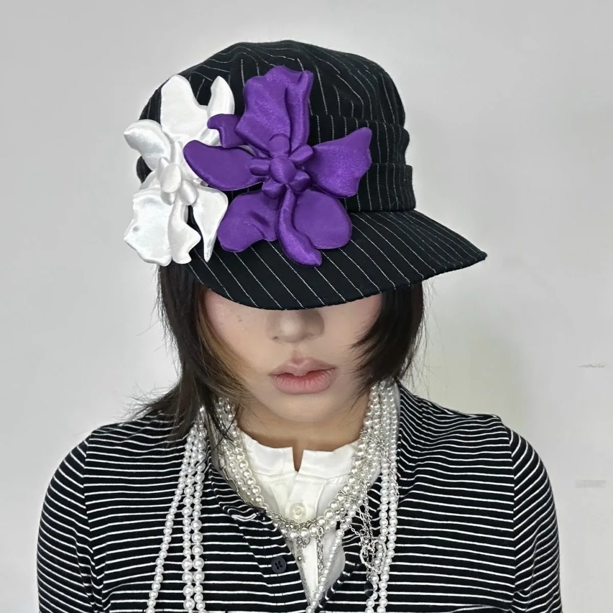 Yamamoto Style Japanese Style Retro Flat Top Hat Stripes Style Hat Black White Purple Magnolia Flower Fashion Girl Headwear