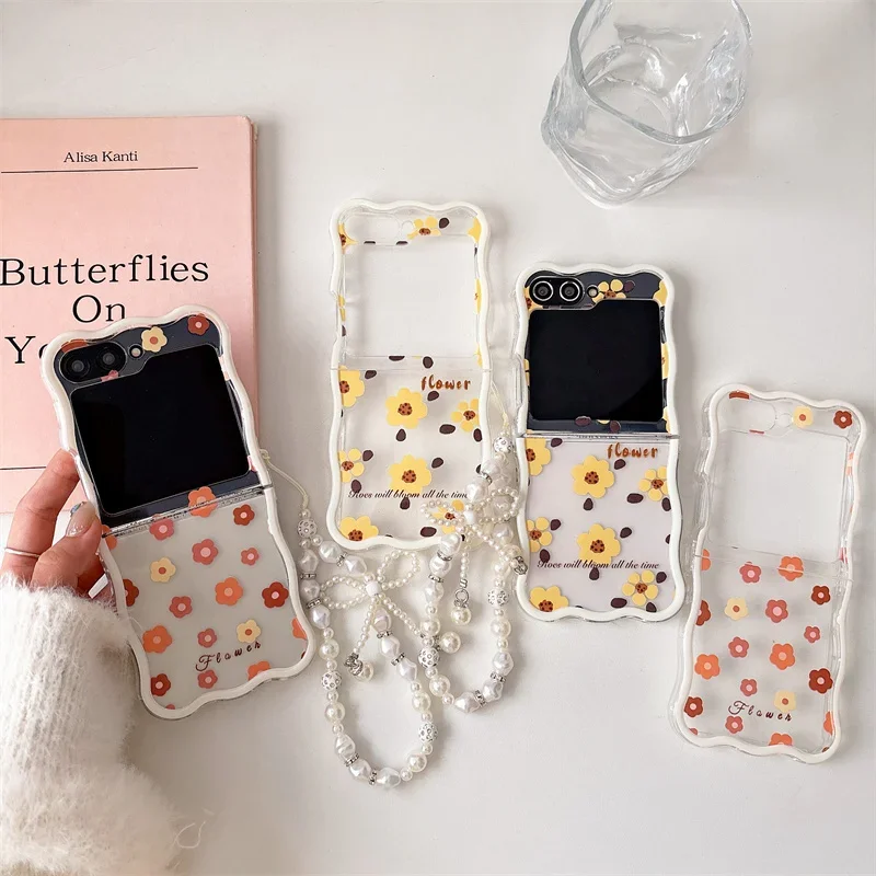 Phone Case For Samsung Galaxy Z Flip 6 5 4 3 Ins Flower Bracelet Wave Clear Shockproof Cover For Samsung Z Flip6 ZFlip6