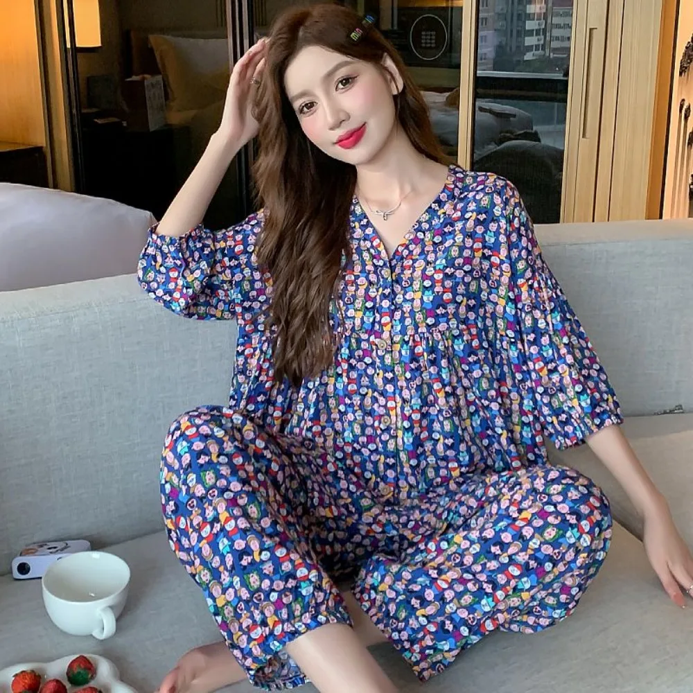 2023 New Cotton Silk Summer Pajamas Suit Plus Size Loose Ladies Home Clothes Two-piece Casual Style Thin