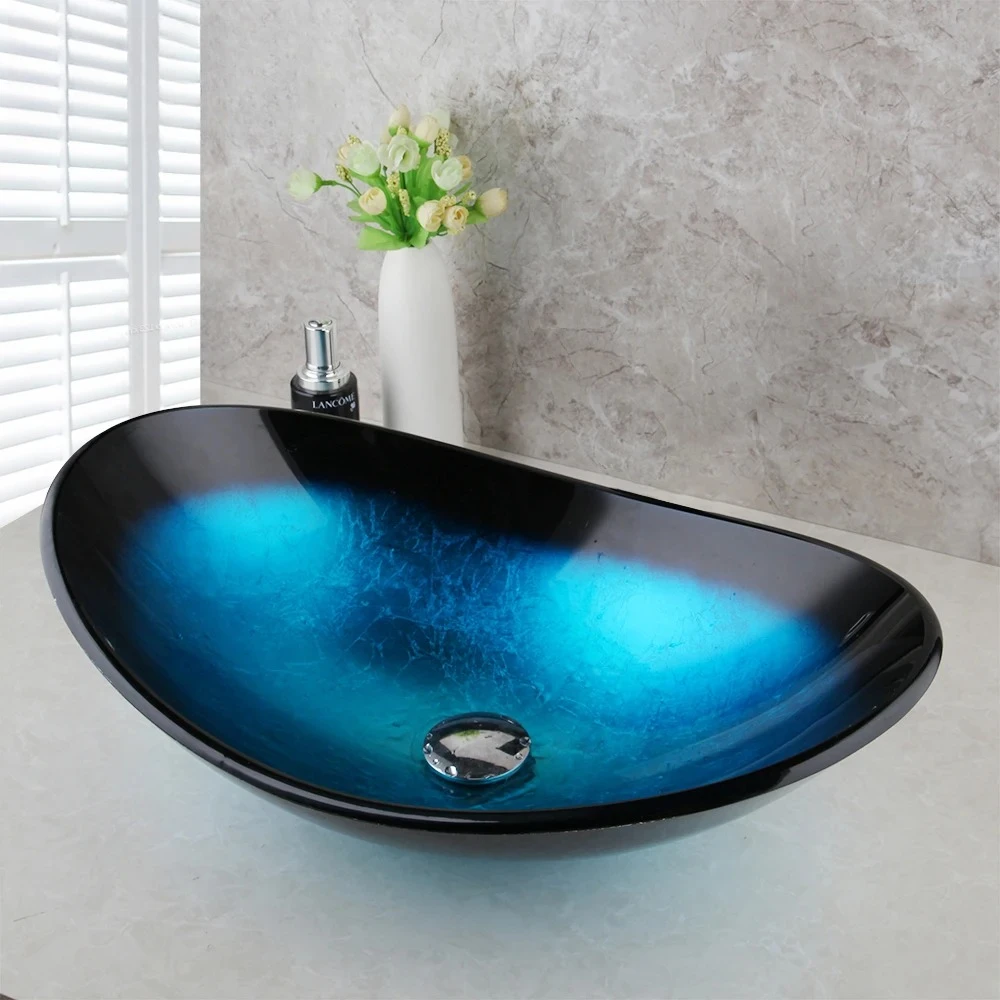 Deck Mounted Bathroom Washbasin Chrome Pop Up Drain Combo European Modern Vessel Sink Tempered Glass Bathroom Sinks