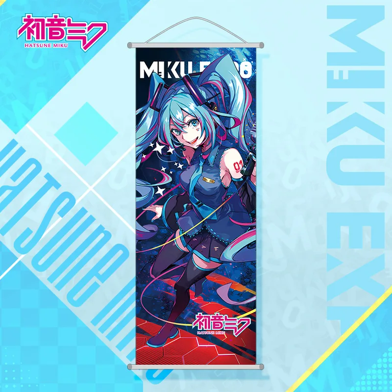 Hatsune miku decoração do quarto decoração de parede dos desenhos animados hatsune miku pendurado pintura rolo longo presente do feriado anime bens suporte