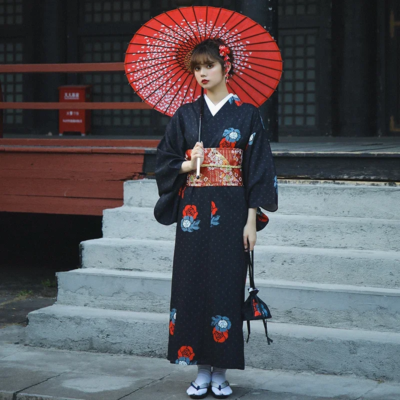 Black Color Japanese Women Traditional Kimono Festival Yukata Performance Dress Halloween Cosplay Costumes