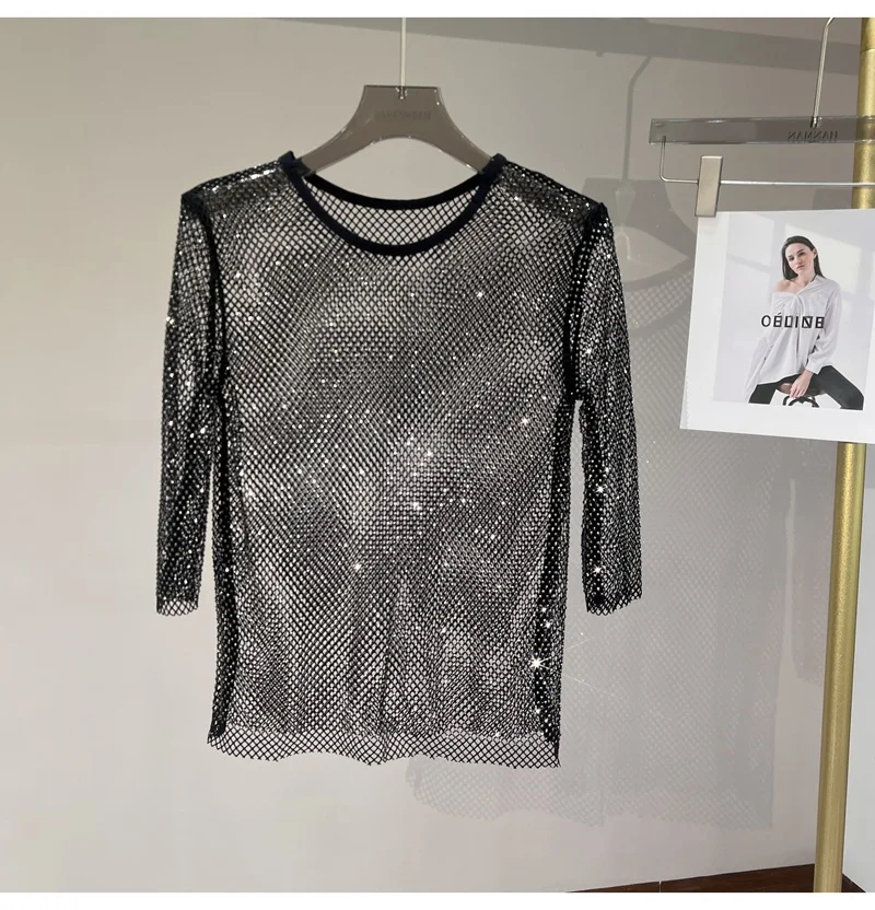 Heavy-duty Hot-drilled Fishnet Hollow See-through Design Round-neck Slim-fitting Short Women’s Fashionable and Versatile Top