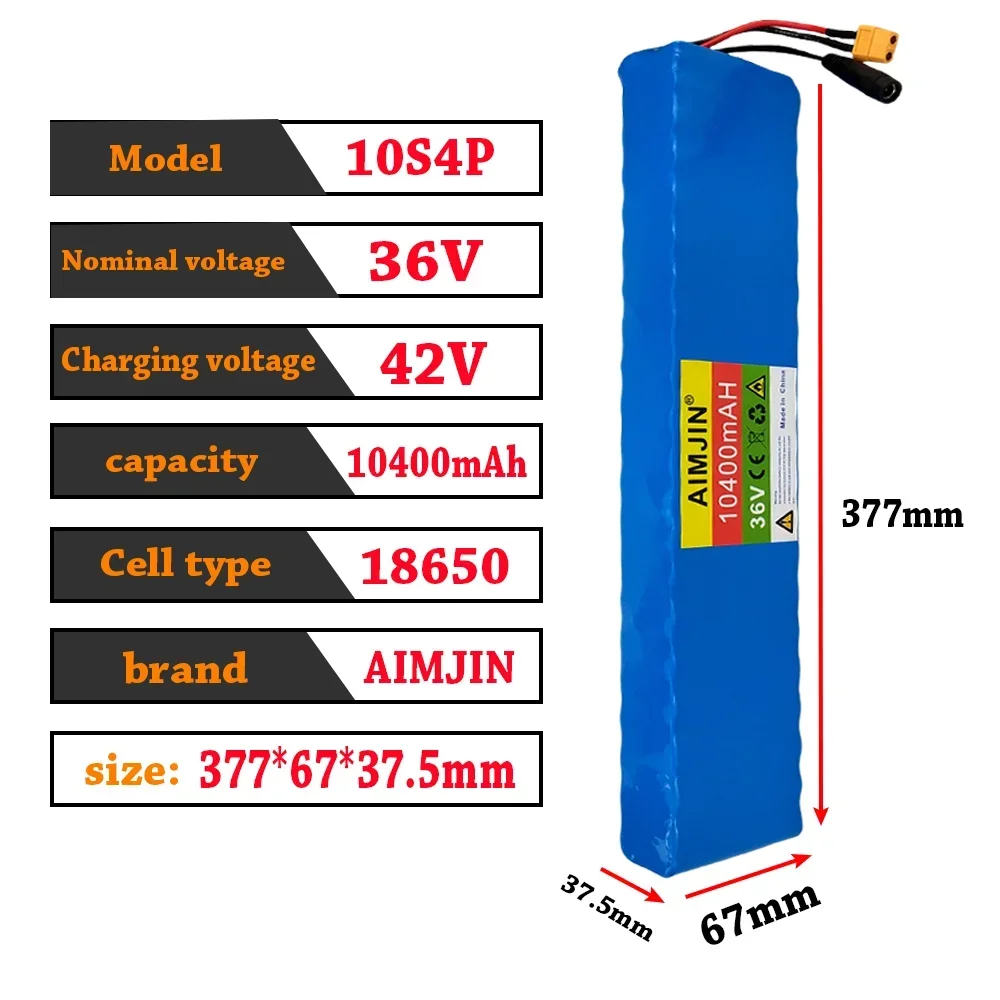 Rechargeable 36V 10400mAh 10S4P Lithium Battery Pack Built-in BMS Protection High Power for 42V Scooter Stable Power Supply