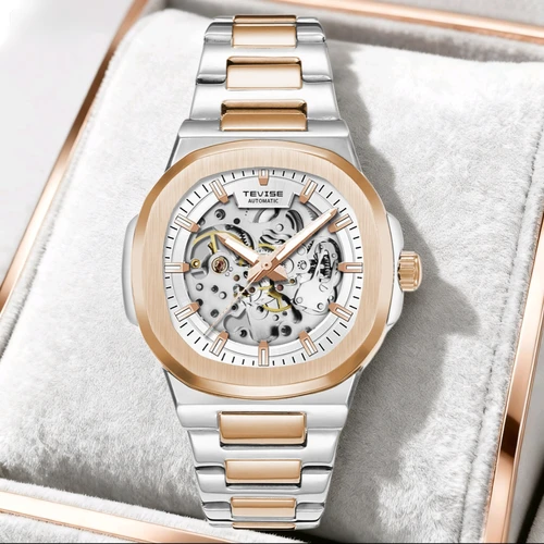 TEVISE nuevo reloj mecánico automático para hombres de acero inoxidable resistente al agua reloj esqueleto manecillas luminosas regalo de lujo para hombres
