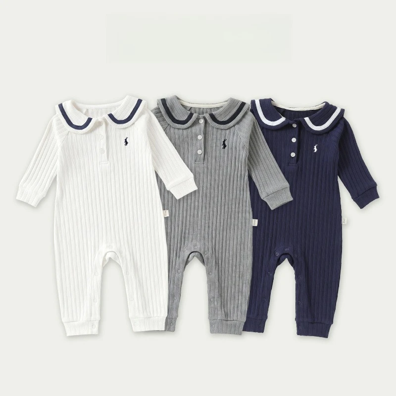 ZOETOPKID New Baby Girl Boy Peter Pan Collar Bodysuit White Grey Navy Cute Bunny Embroidery Spring Autumn Long Sleeve Jumpsuit