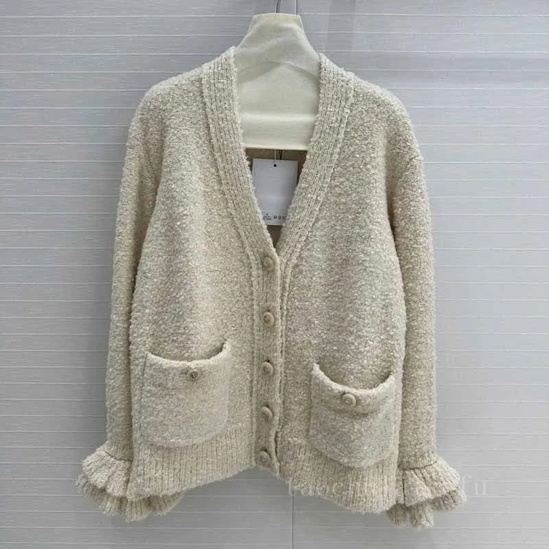 Women V-neck Cashmere Knitted Cardigan Solid Color Sweaters Elegant Ruffle Sleeve Design Jacket  White Apricot Black Wool Tops