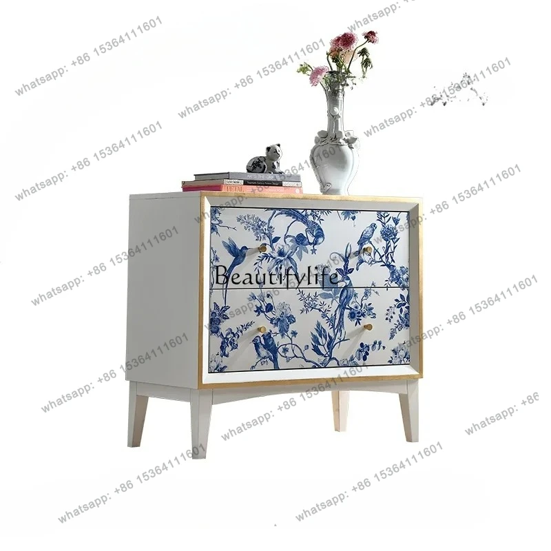 

yj32 Blue and white porcelain white solid wood multi-purpose entrance cabinet storage storage decorative cabinet small bucket