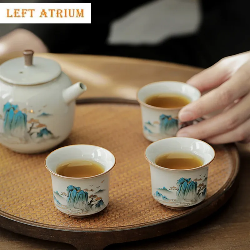 1 Pcs Chinese Retro Ceramic Teacup Handmade Landscape Pattern Tea Bowl Travel Portable Master Meditation Cup Household Tea Set