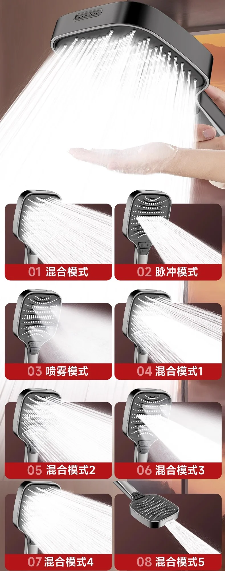 Big Panel High Pressure Shower Head 8 Modes Adjustable Showerheads Water Saving One-Key Stop Water Sprayer Bathroom Accessories